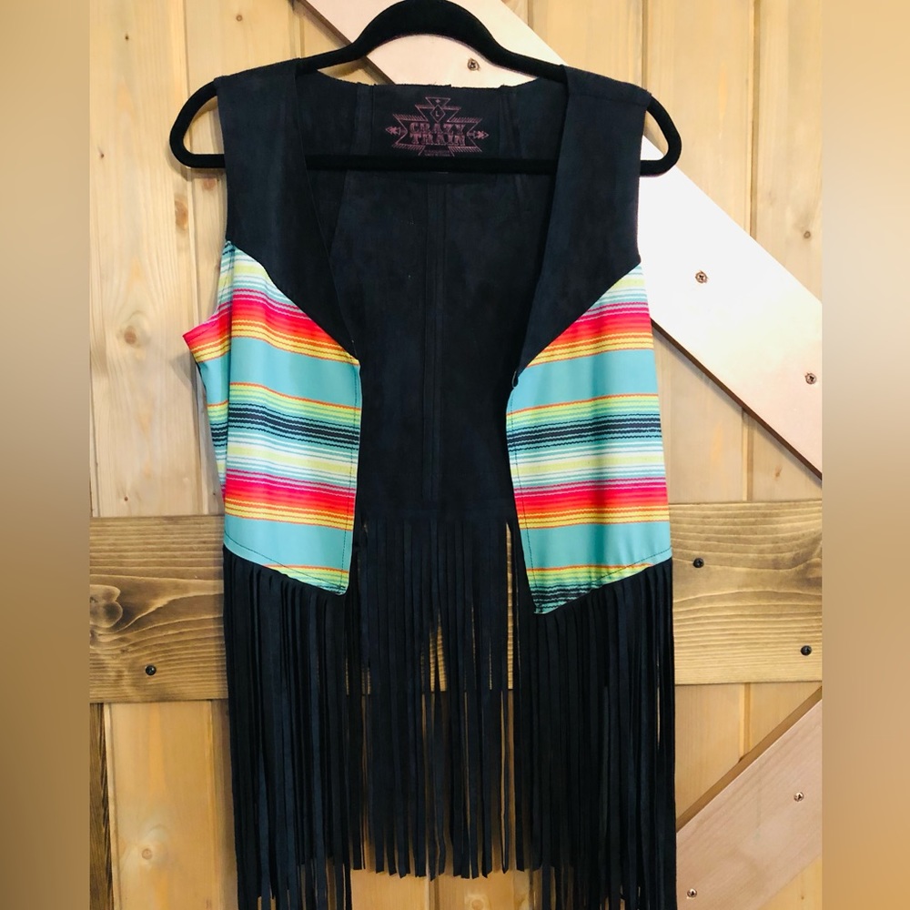 Crazy Train Suede Vest with Fringe and Cross Design on back.